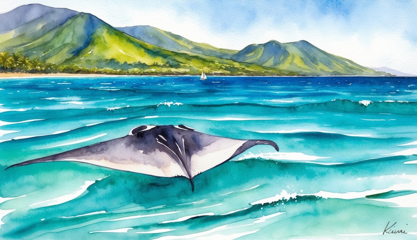 A clear, turquoise ocean with manta rays gliding gracefully through the water near the shores of Kauai, with lush green mountains in the background