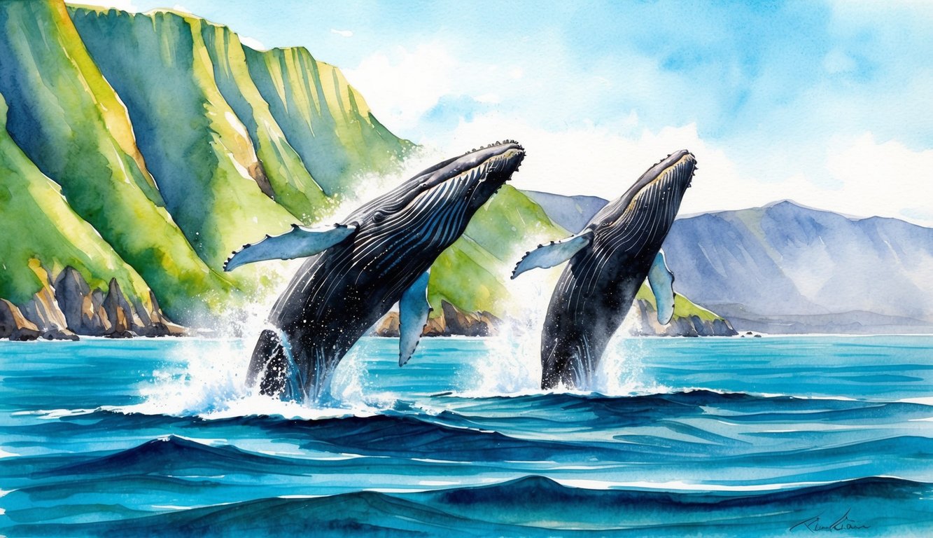 Whales breach off the coast of Kauai, their massive bodies leaping from the turquoise waters against a backdrop of lush green cliffs