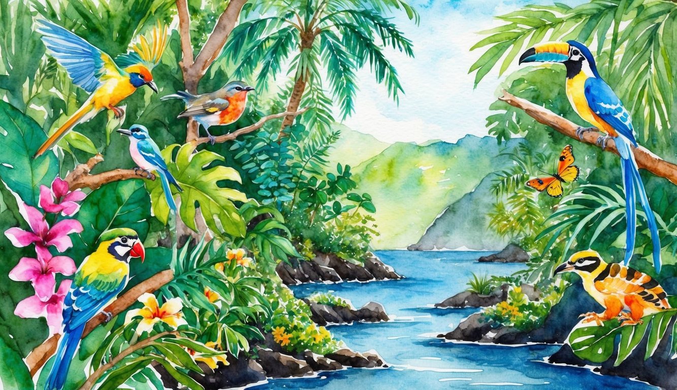 Lush rainforest with vibrant flora and diverse fauna, including colorful birds and unique species found only in Kauai's wildlife sanctuaries