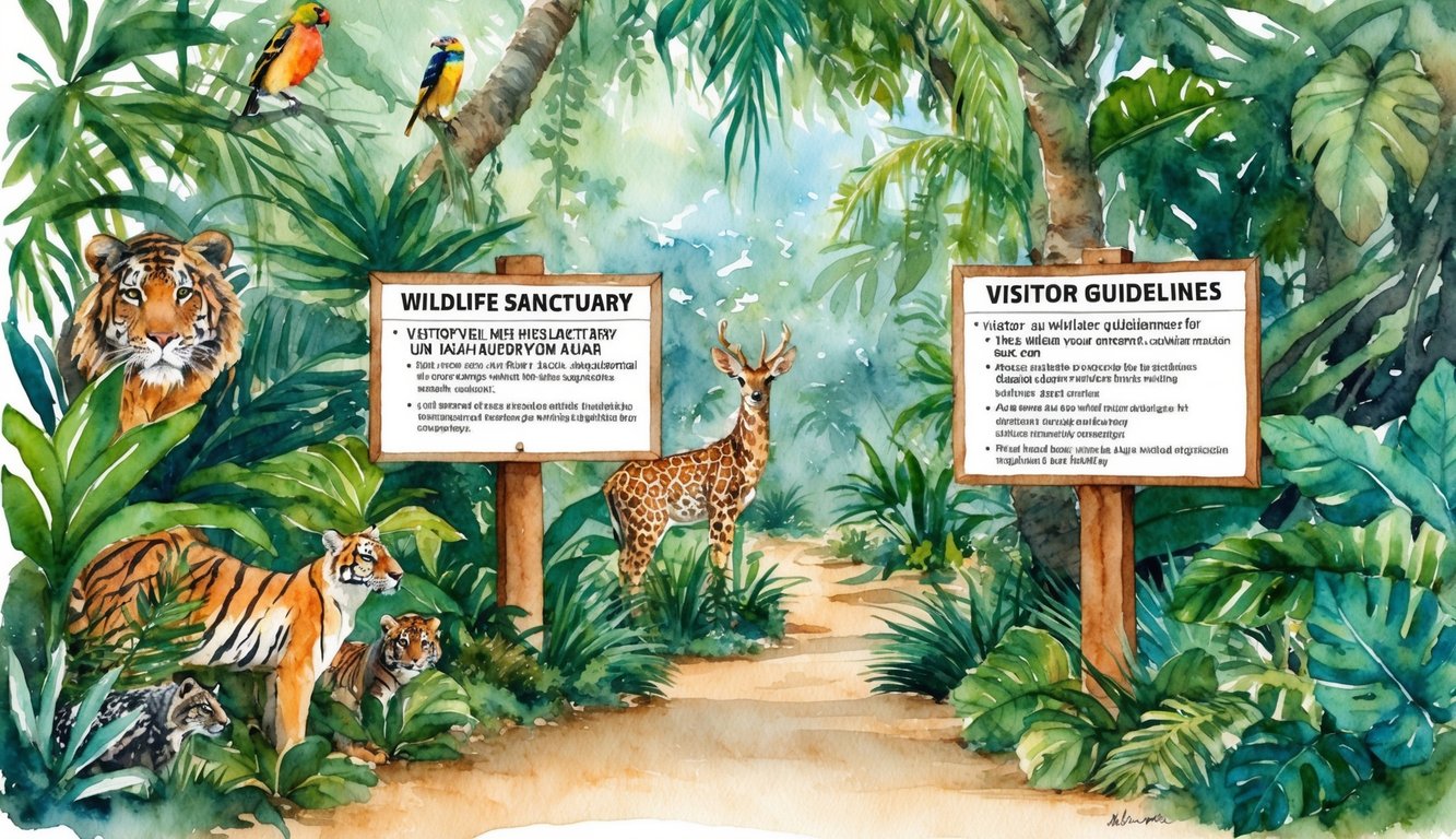 A lush jungle setting with diverse wildlife and clear signage outlining visitor guidelines for a wildlife sanctuary on Kauai