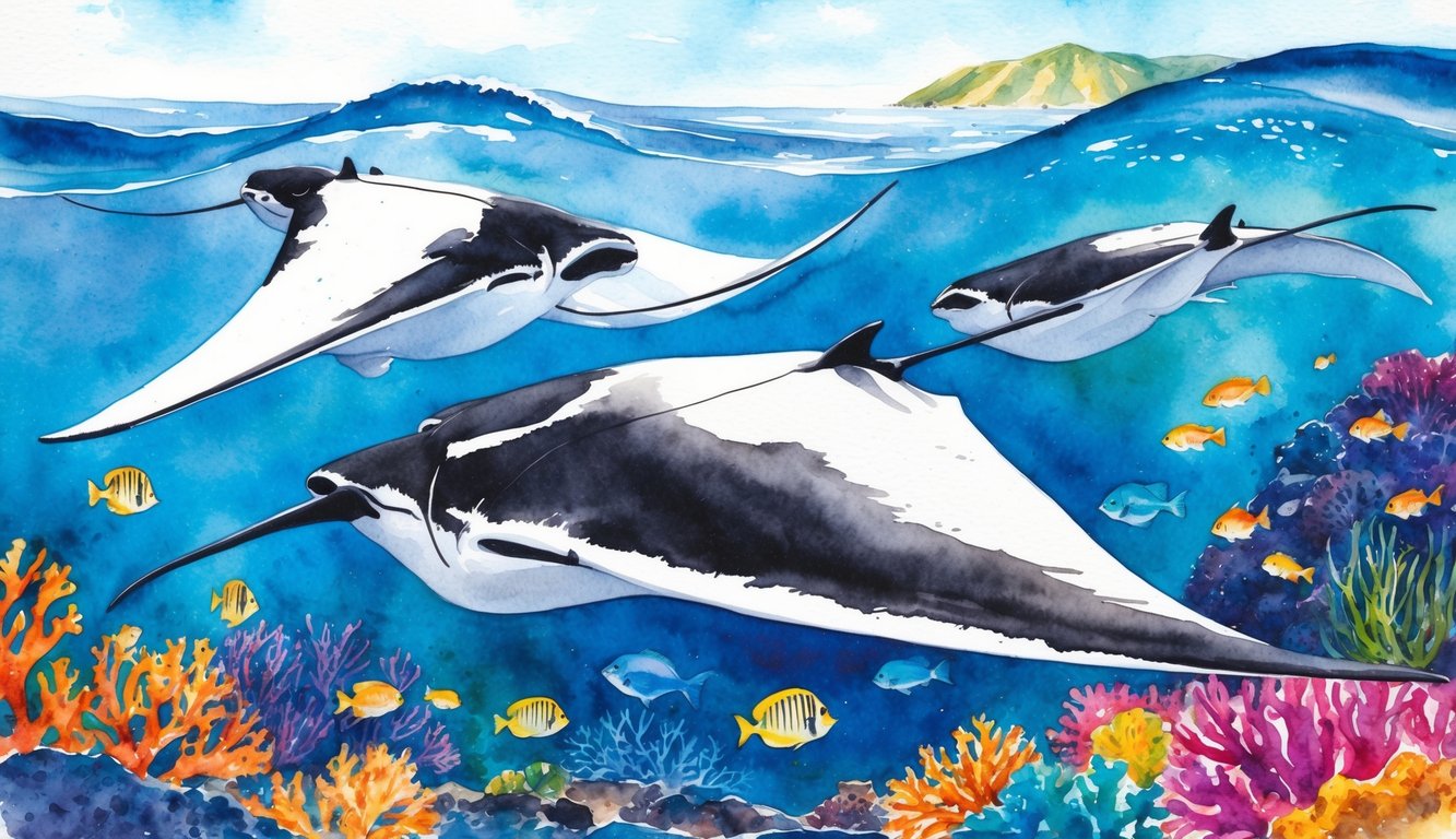 A group of manta rays gracefully gliding through the crystal-clear waters off the coast of Kauai, surrounded by vibrant coral reefs and tropical fish