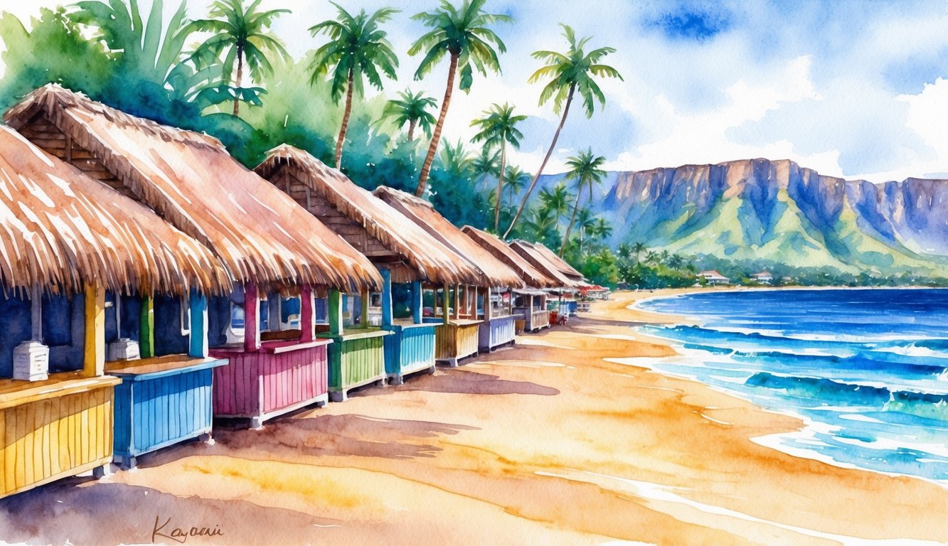 A row of colorful beach bars with thatched roofs, surrounded by palm trees and overlooking the crystal-clear waters of Kauai's coastline