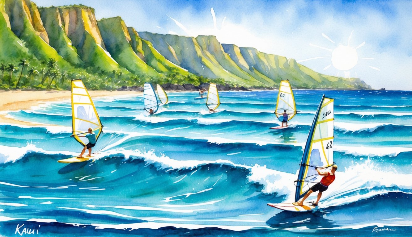 Windsurfers glide across the crystal blue waters of Kauai's Poipu Beach, with the lush green cliffs in the background. The sun shines down on the waves, creating a perfect setting for windsurfing