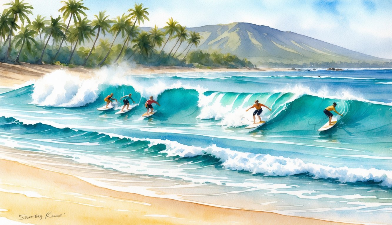 A group of surfers catching waves in the warm, turquoise waters off the coast of Kauai, with palm trees lining the sandy beach