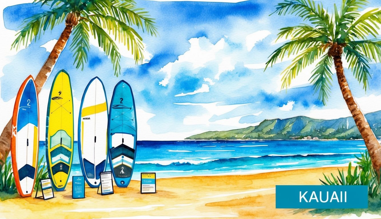 Windsurfing gear and lesson options displayed on a sunny beach with palm trees and a clear blue ocean on Kauai