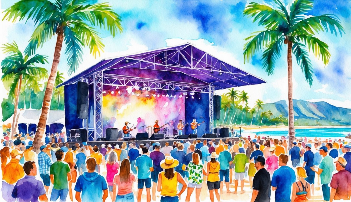 A vibrant outdoor stage surrounded by palm trees, with a lively crowd enjoying live music at a beachfront venue on Kauai