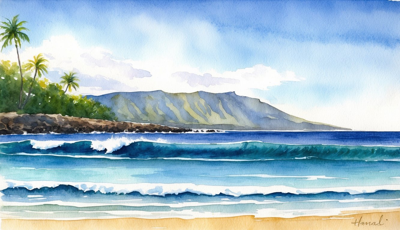 A sunny day at Hanalei Bay, with gentle waves and clear blue water, perfect for learning to surf on Kauai