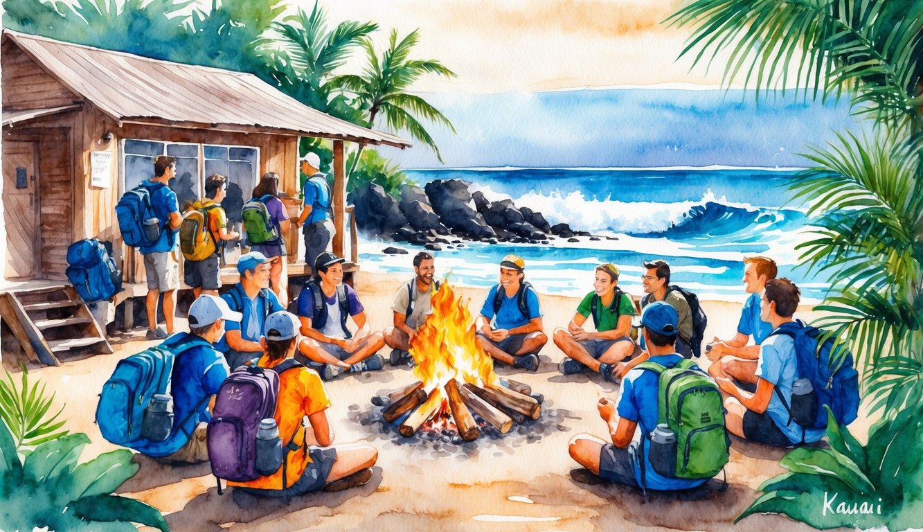 A group of backpackers gather around a bonfire at a rustic hostel on Kauai, surrounded by lush tropical foliage and the sound of crashing waves