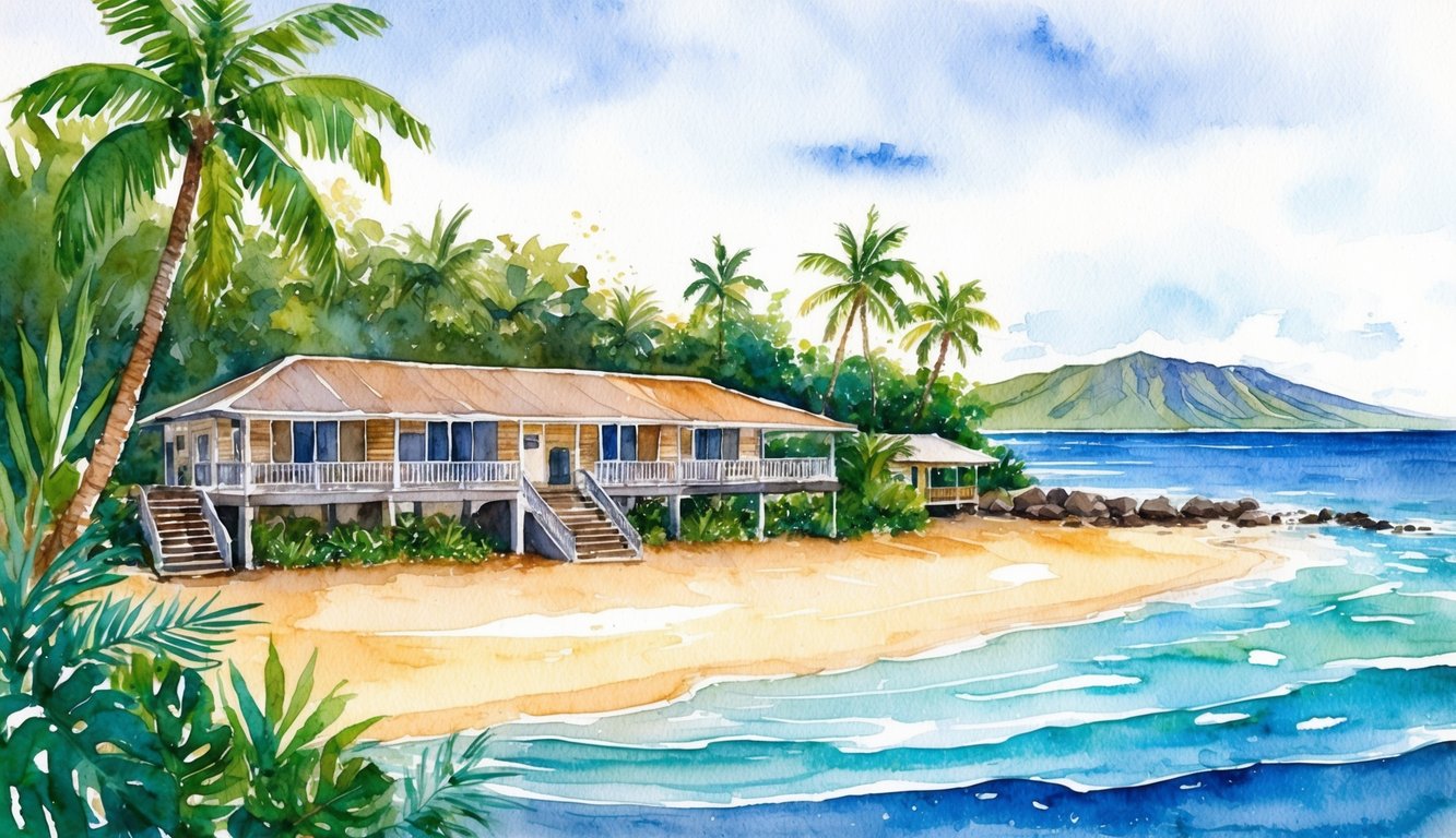 A serene beachfront hostel on Kauai, surrounded by lush tropical greenery and overlooking the crystal-clear waters of the Pacific Ocean