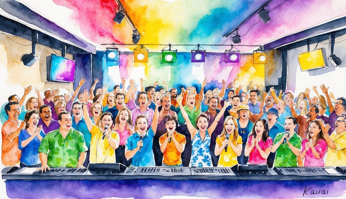 A lively karaoke bar on Kauai, with colorful stage lights and a crowd of enthusiastic singers cheering and clapping along