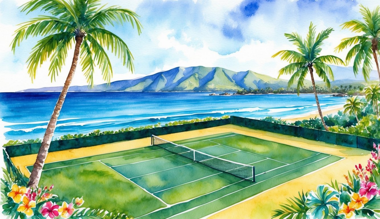 A lush tennis court overlooks the ocean on Kauai's sunny coast, surrounded by swaying palm trees and colorful tropical flowers