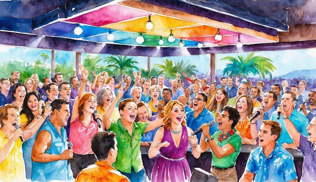 A lively karaoke bar on Kauai, with colorful stage lights and a diverse crowd of enthusiastic singers enjoying a fun and unforgettable night of music and entertainment