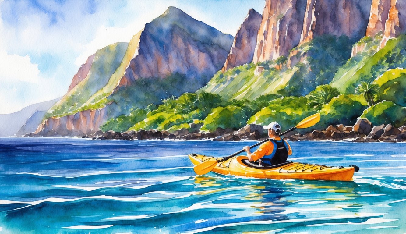 A kayaker paddles through crystal-clear waters along the rugged coastline of Kauai, with towering cliffs and lush greenery in the background