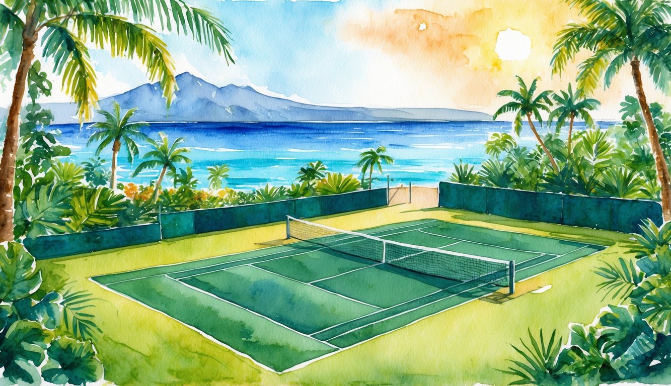 A tennis court nestled among lush tropical foliage on the island of Kauai, with the ocean in the distance and the warm sun shining down