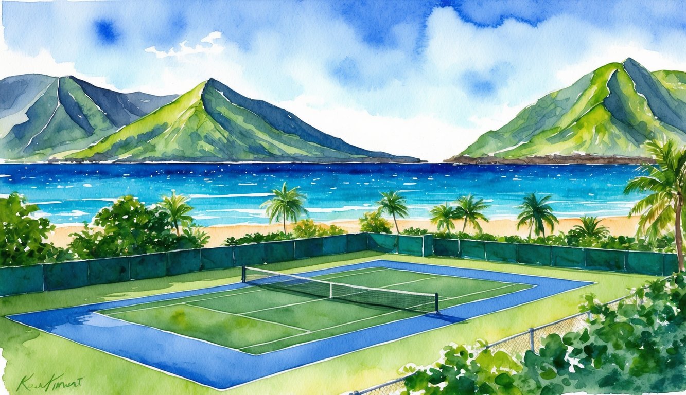 A tennis court nestled between lush green mountains and the sparkling blue ocean on the island of Kauai
