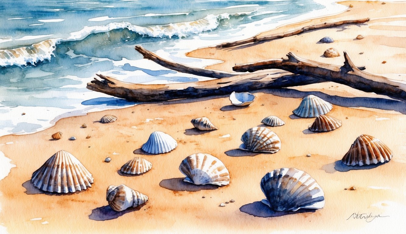 Shells and driftwood scattered along the sandy shore, with waves gently lapping at the edge of the beach