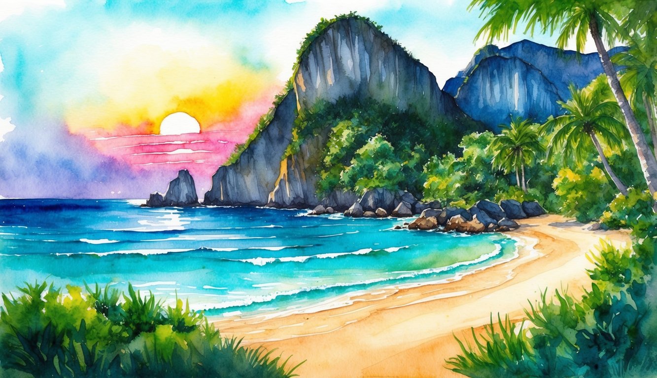 A lush, secluded beach with crystal-clear turquoise waters, backed by dramatic cliffs and lush greenery, with a colorful sunset in the background