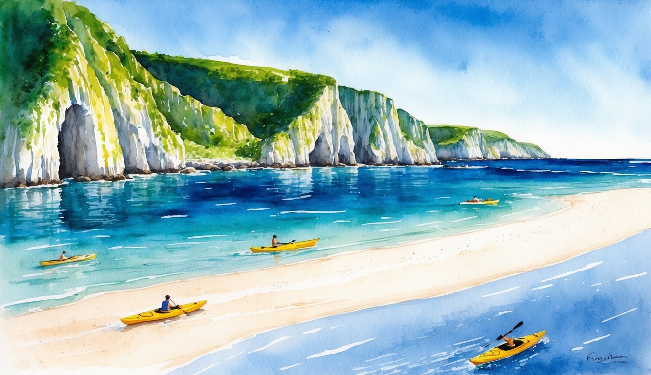 Crystal clear waters surround lush green cliffs, with kayaks gliding along the coastline. White sandy beaches stretch out beneath a bright blue sky