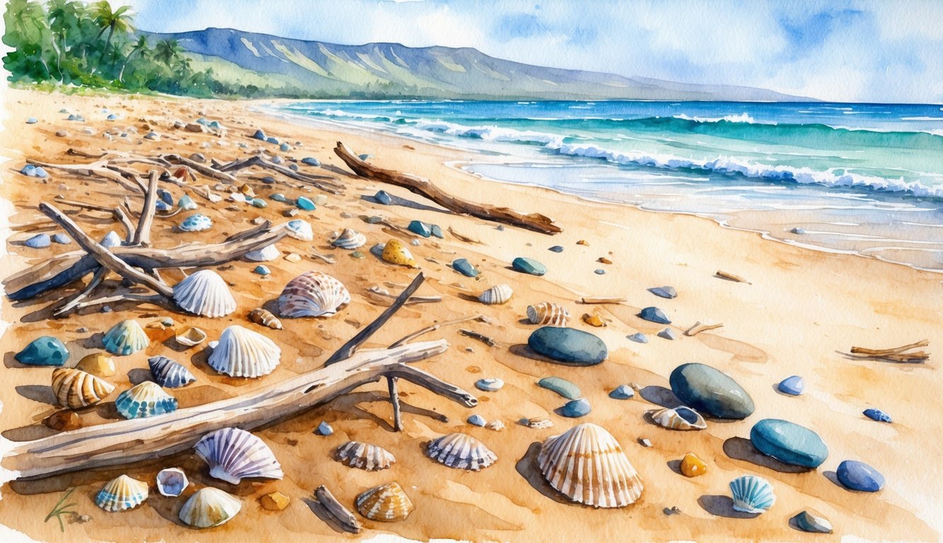 Sandy shores of Kauai's beaches littered with colorful shells, driftwood, and smooth stones, with gentle waves washing ashore