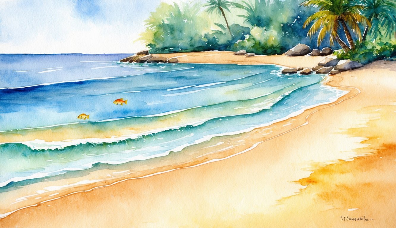 A calm, shallow cove with soft golden sand, gentle waves, and vibrant tropical surroundings. A few palm trees provide shade, and colorful fish can be seen in the crystal-clear water