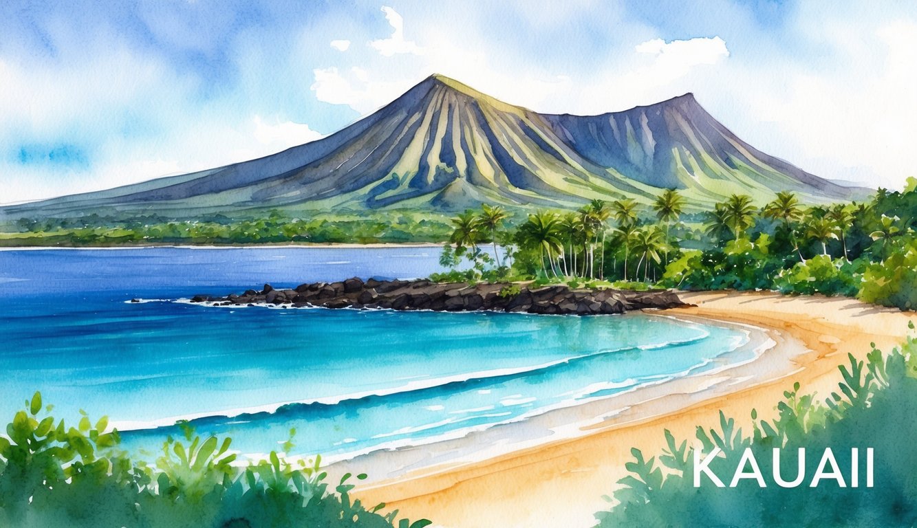 A serene beach with lush greenery, clear blue waters, and a backdrop of volcanic mountains, showcasing the natural beauty and cultural significance of Kauai