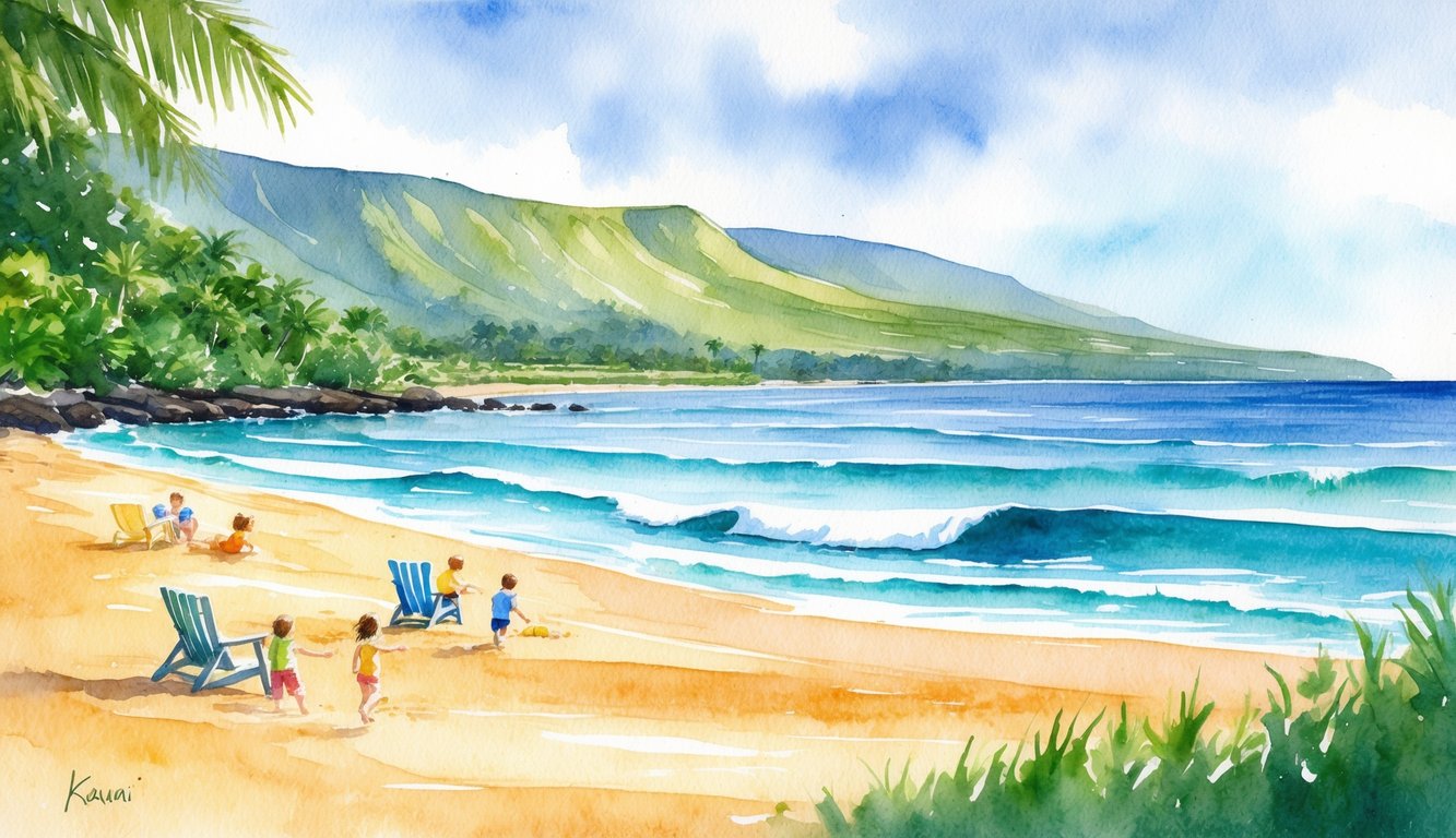 A serene beach with gentle waves, golden sand, and lush greenery, perfect for families to relax and play on Kauai
