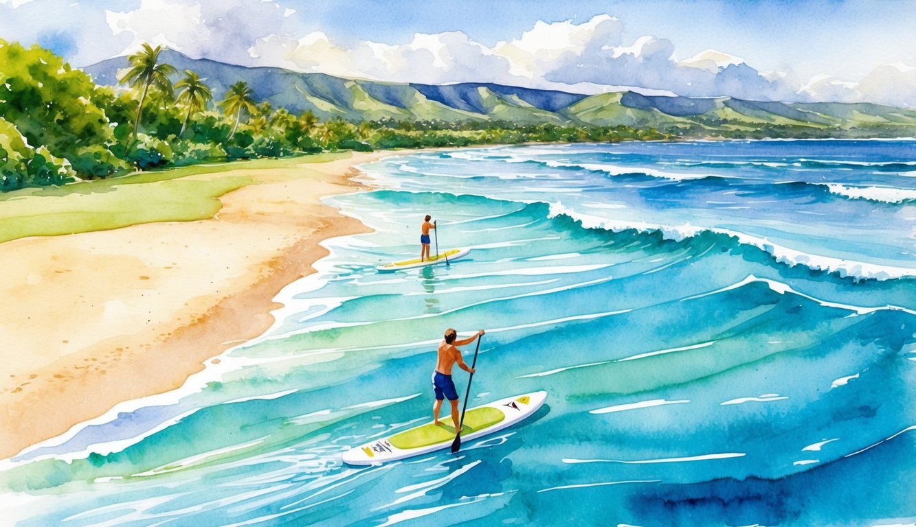 Crystal clear waters, gentle waves, and lush greenery lining the shore create the perfect backdrop for paddleboarding on Kauai's best beaches