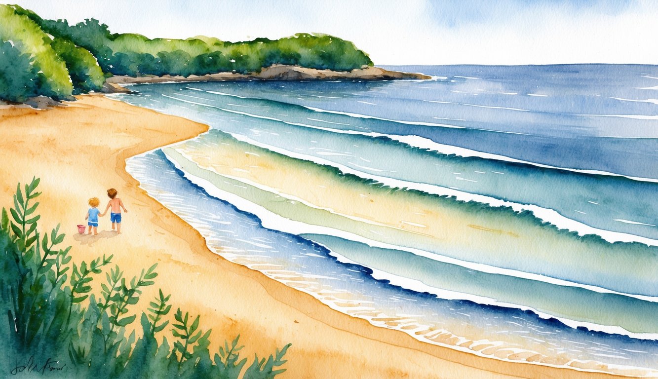 A calm, shallow cove with gentle waves, golden sand, and lush greenery lining the shore. A protective reef provides a safe area for toddlers to play and explore