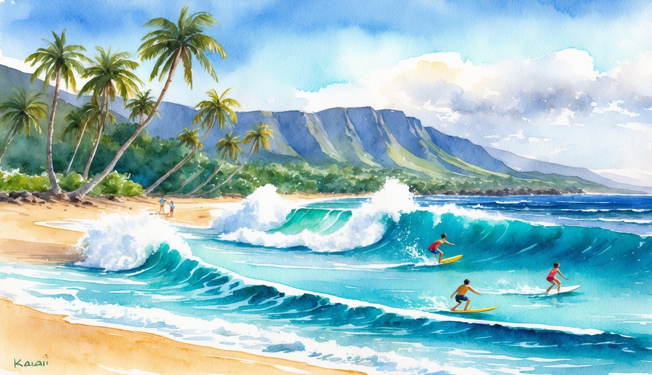 A sunny beach with turquoise waves crashing, palm trees swaying, and boogie boarders riding the waves on Kauai's picturesque coastline