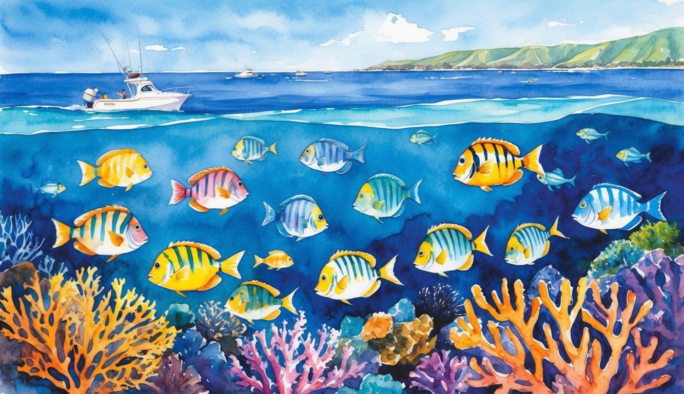 Colorful fish swim among vibrant coral in crystal-clear waters off the coast of Kauai, creating the perfect snorkeling spot for marine enthusiasts
