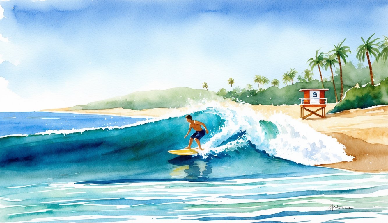 A boogie boarder rides a wave at a sandy beach with clear blue water and a gentle slope. Palm trees line the shore, and a lifeguard stand is visible in the distance