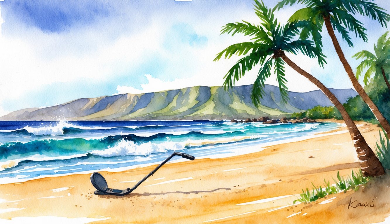 A sandy beach on Kauai's coastline with waves crashing, palm trees swaying, and a metal detector scanning the shore