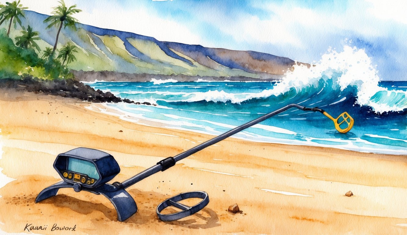 A sandy beach on Kauai's coastline with waves crashing in the background, and a metal detector searching for hidden treasures in the sand