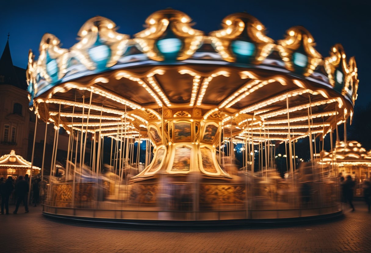 色彩斑斓的旋转木马在蒂沃利花园旋转，周围是闪烁的灯光和迷人的建筑
