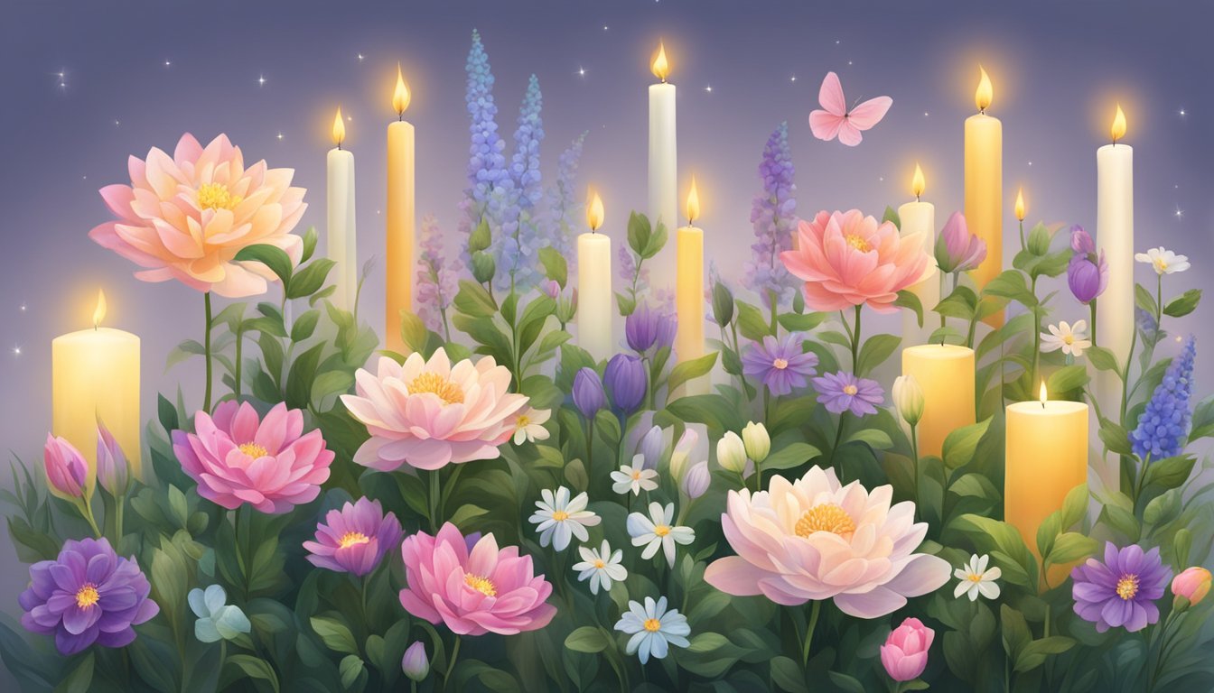 A serene garden with 21 unique flowers, each representing a different name of God, surrounded by softly glowing candles