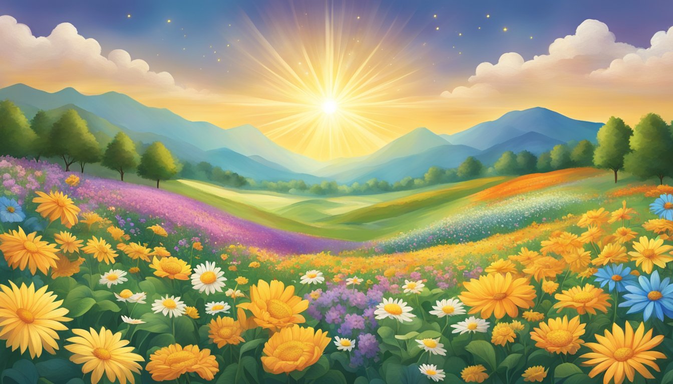 A radiant sun shining over a serene landscape, with 21 different flowers blooming, each representing a different name of God