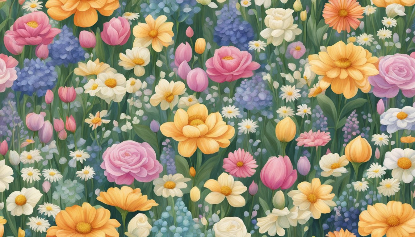 A serene garden with 21 different flowers, each representing a different name of God, surrounded by softly glowing candles