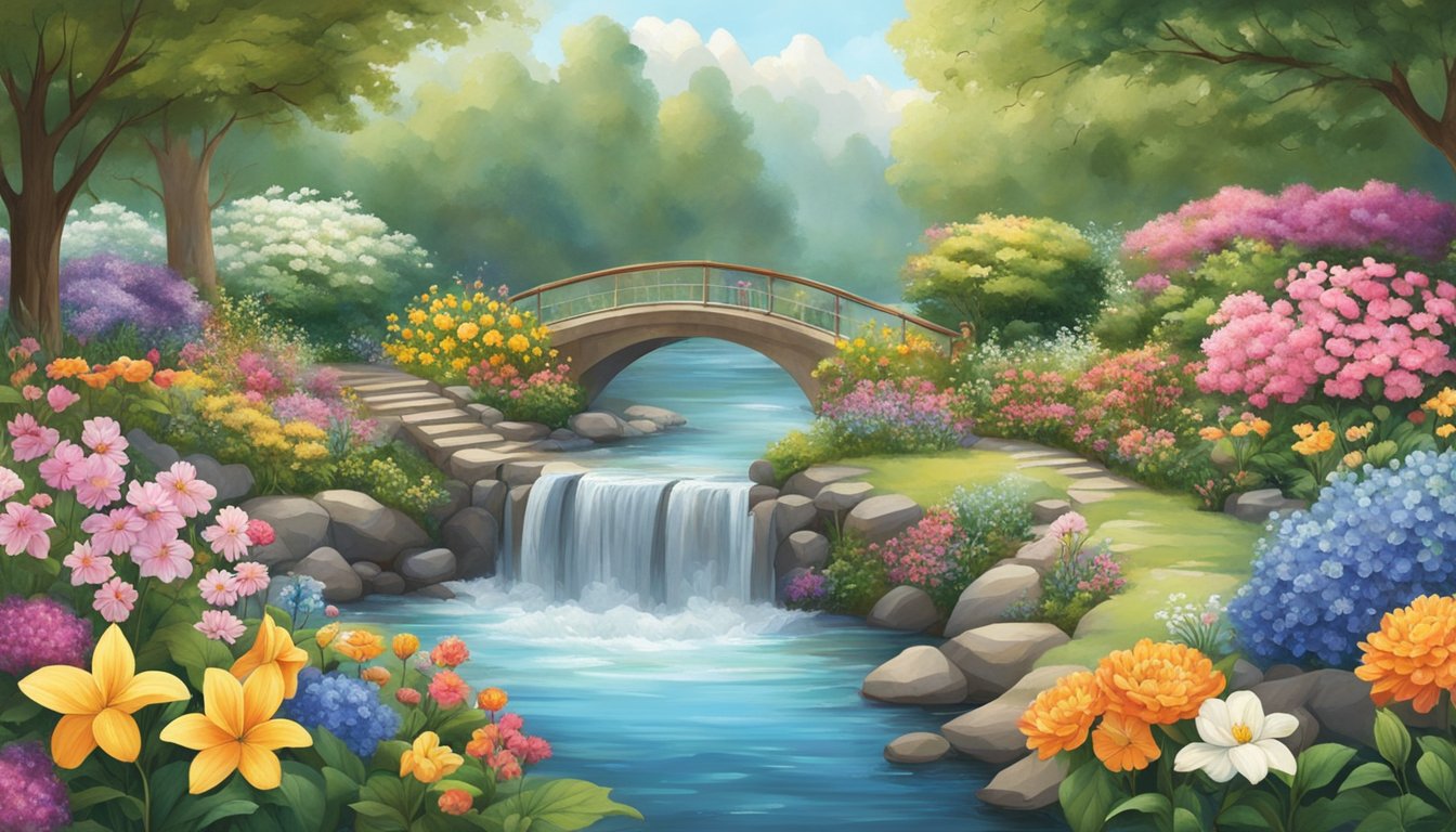 A serene garden with 21 different types of flowers, each labeled with one of God's names, surrounded by a peaceful, flowing stream