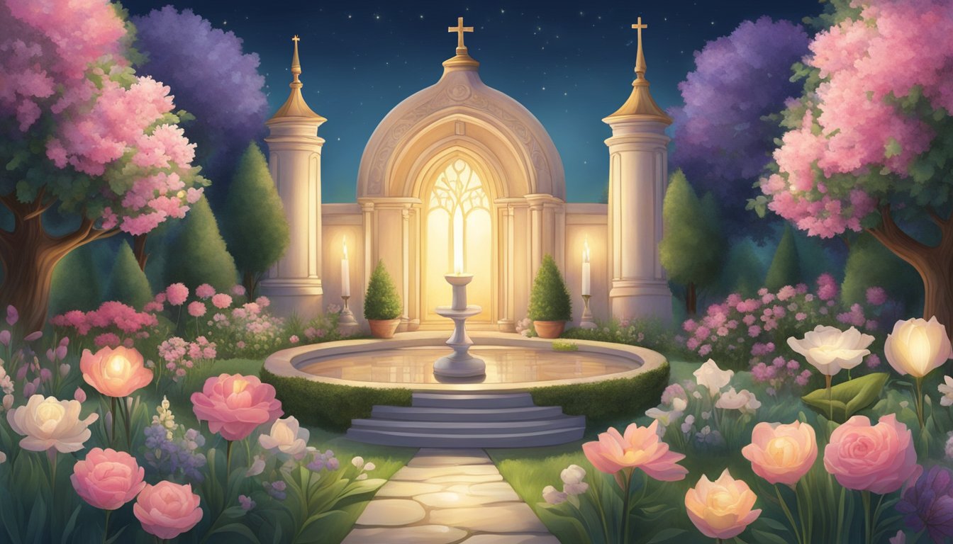 A serene garden with 21 unique flowers, each representing a different name of God, surrounded by softly glowing candles