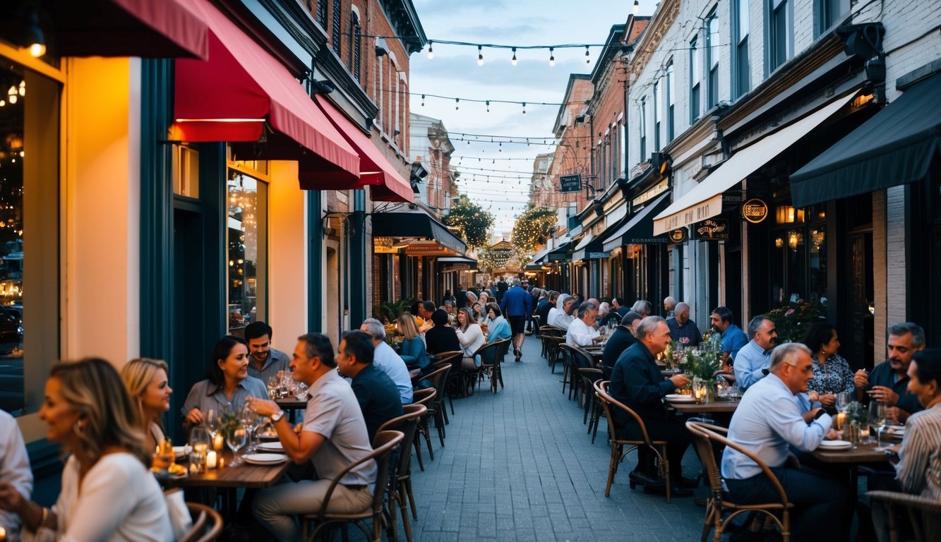 A bustling street lined with diverse restaurants, each with their own unique charm and cuisine. Patrons enjoy outdoor dining under twinkling lights