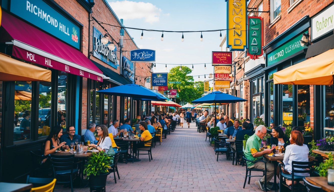 A bustling street lined with diverse restaurants, outdoor patios, and colorful signage in Richmond Hill, Ontario. Diners enjoy a variety of cuisines in a lively atmosphere