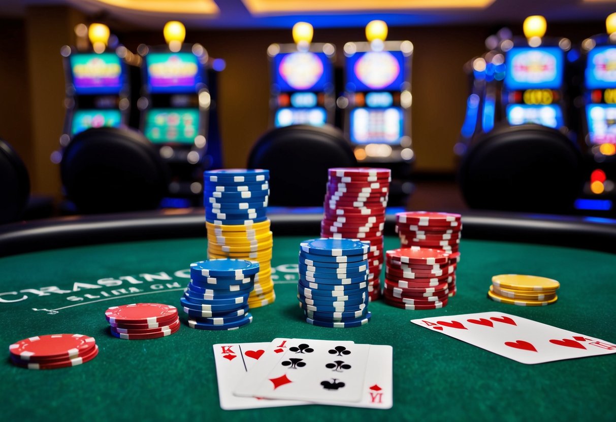 Bright casino chips and playing cards scattered on a green felt table. Slot machines and roulette wheel in the background