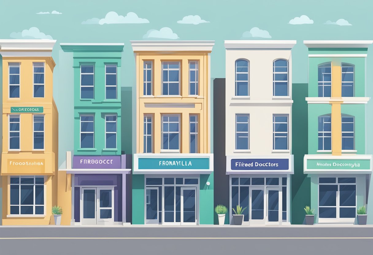 A row of medical office buildings with colorful signs displaying the names of the top 5 rated fibromyalgia doctors in Bristol