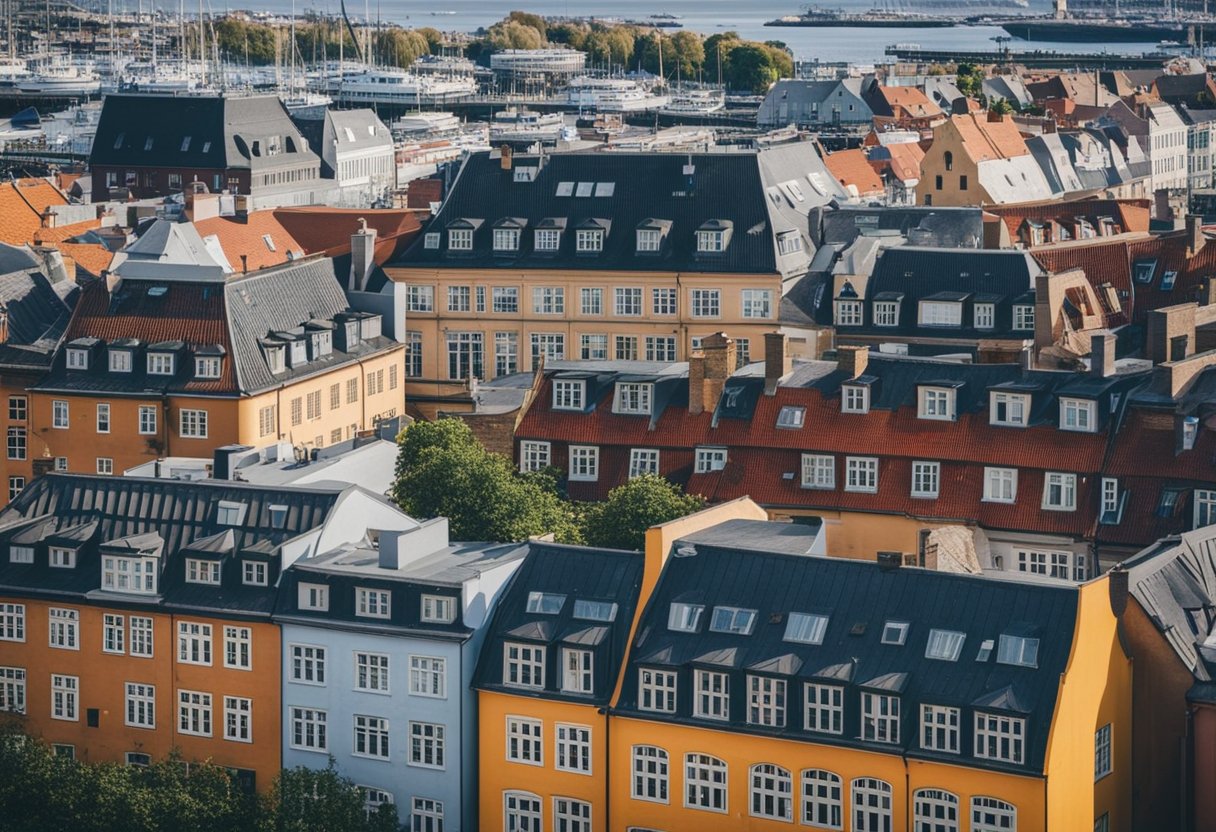 俯瞰哥本哈根的标志性景点，包括色彩缤纷的建筑、历史悠久的地标和繁华的海滨