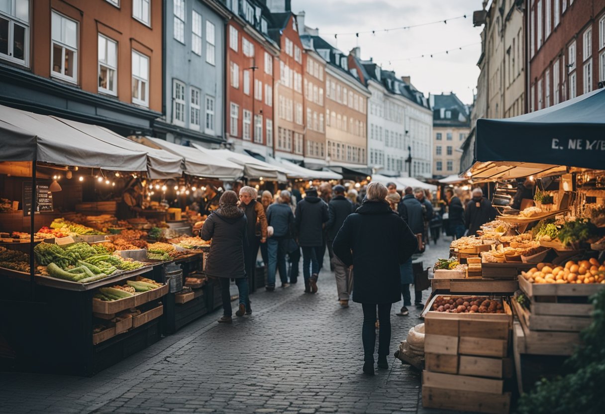 哥本哈根的露天食品市场热闹非凡，五颜六色的摊位出售新鲜农产品、街头食品和饮料。空气中弥漫着烤肉和香料的香味，人们聚集在一起，边吃边聊天。