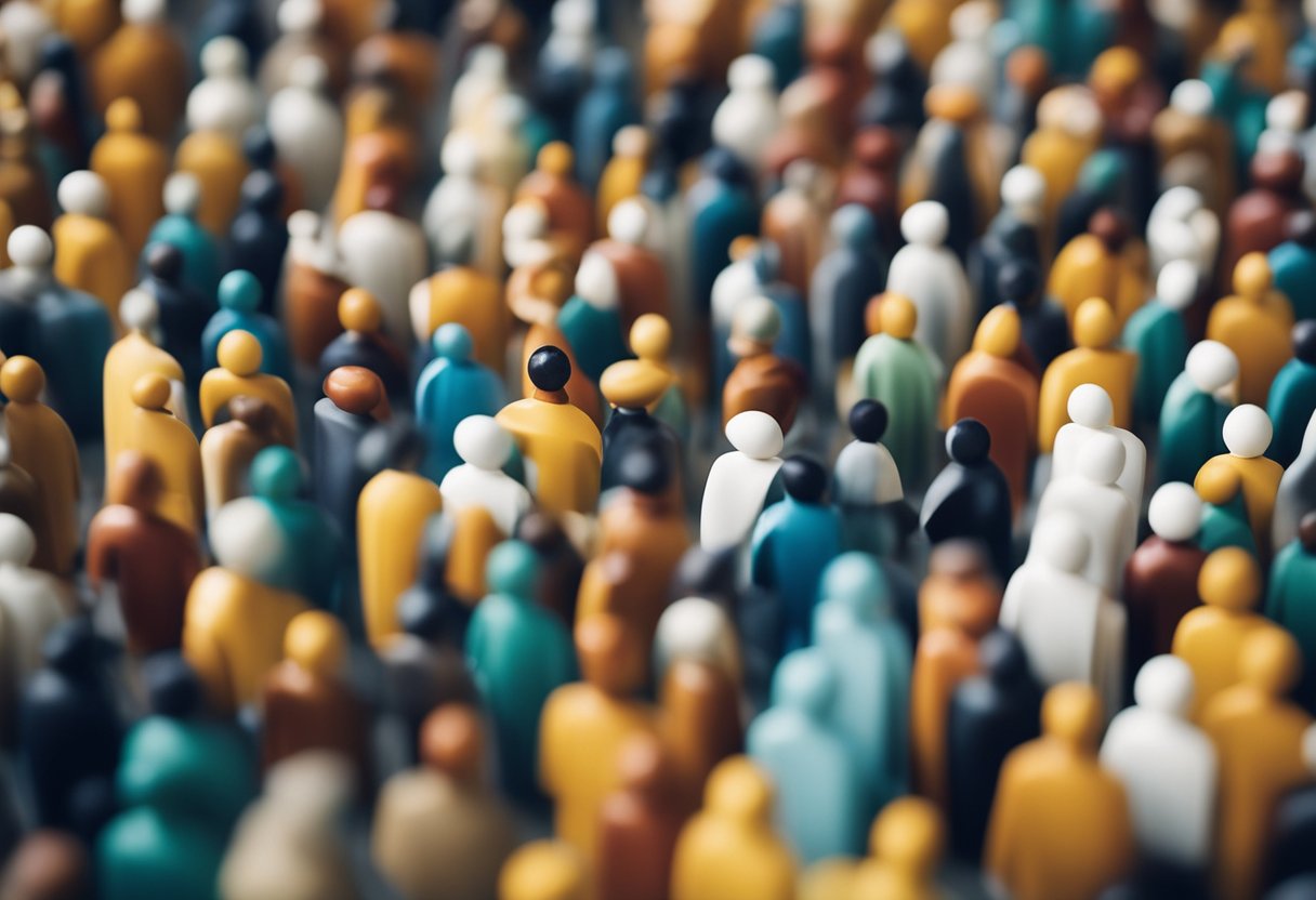 A diverse group of abstract figures representing different cultures and backgrounds coming together in a collaborative and inclusive environment