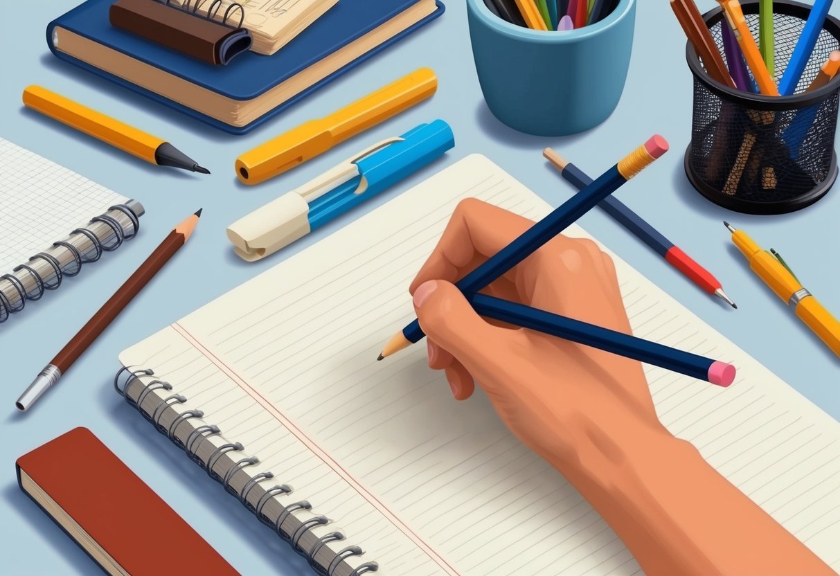 A hand holding a pencil, surrounded by various writing tools and a notebook, with a clear and organized workspace