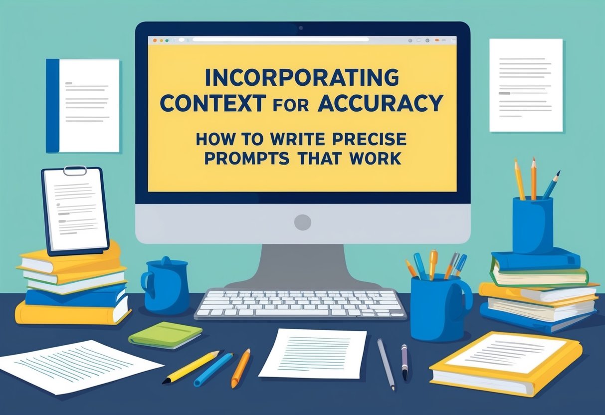 A person at a desk surrounded by books, papers, and writing utensils. A computer screen displays the title "Incorporating Context for Accuracy How to Write Precise Prompts that Work"