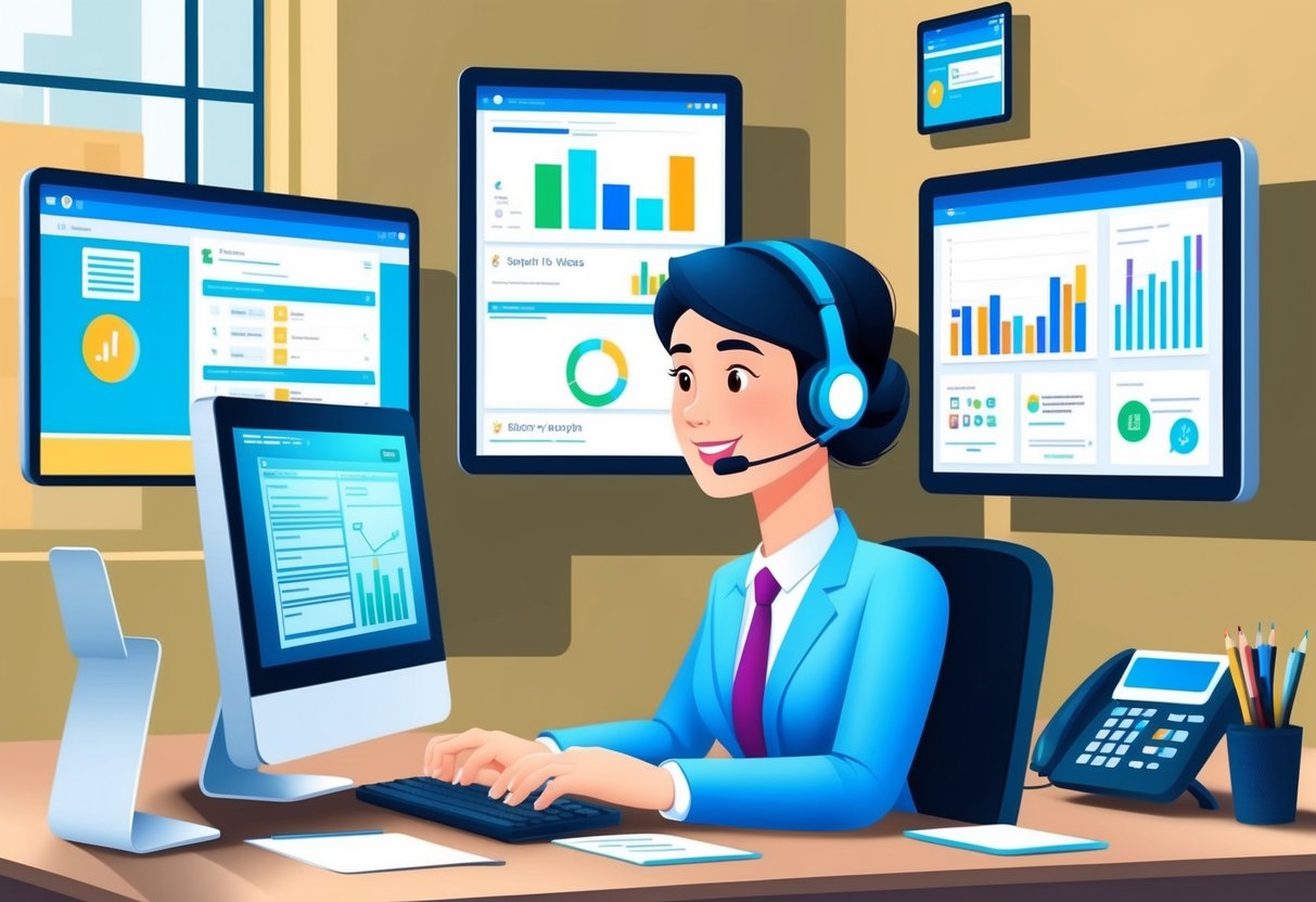A customer support agent at a helpdesk, with a headset on, typing on a computer while surrounded by screens showing different support tickets and graphs