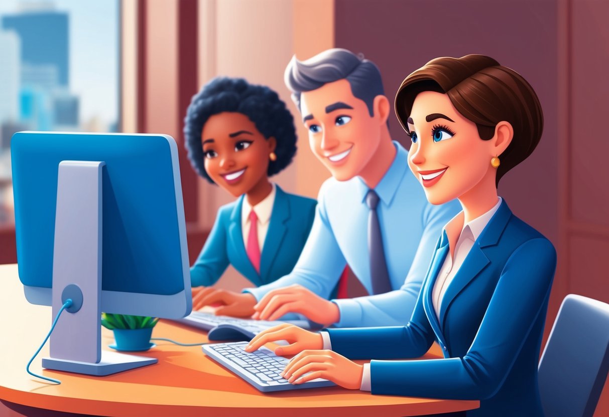 A helpdesk agent offering assistance with a friendly and attentive demeanor, while using a computer to access customer support resources